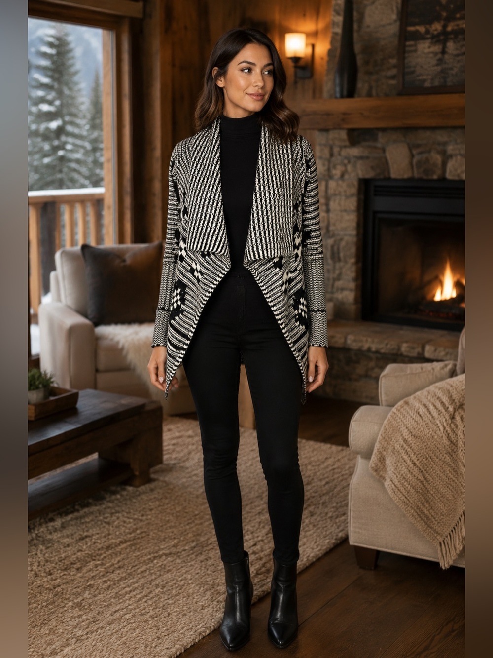 Gap Black Ivory Wool Blend Geometric Open Cardigan Sweater XS